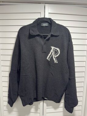 Men's Black Sherpa Zip-Up Sweater with Contrast 'R' Logo